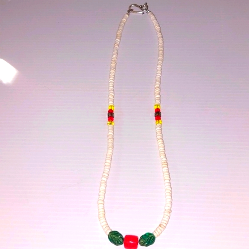 Pukka Shell  Necklace. Glass Beads Leaf And Red Bead Glass . Handmade